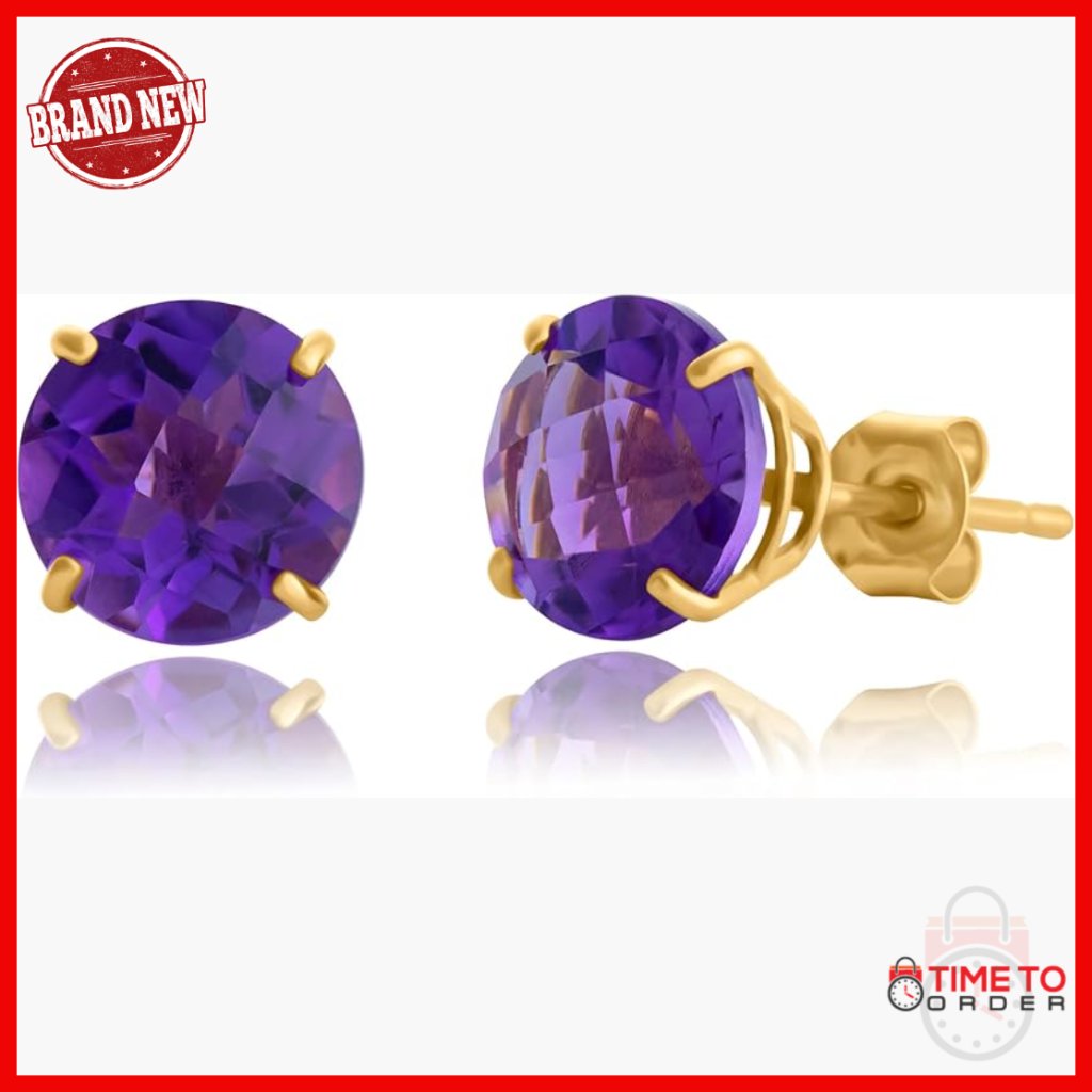 10k Gold 8mm Round Amethyst Stud Earrings For Women